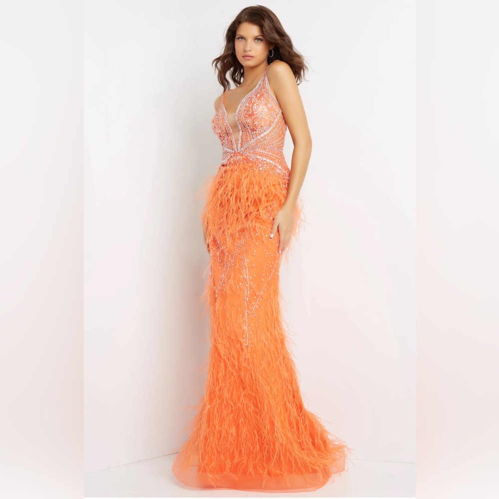 Jovani Orange Feathered Beaded Prom Gown